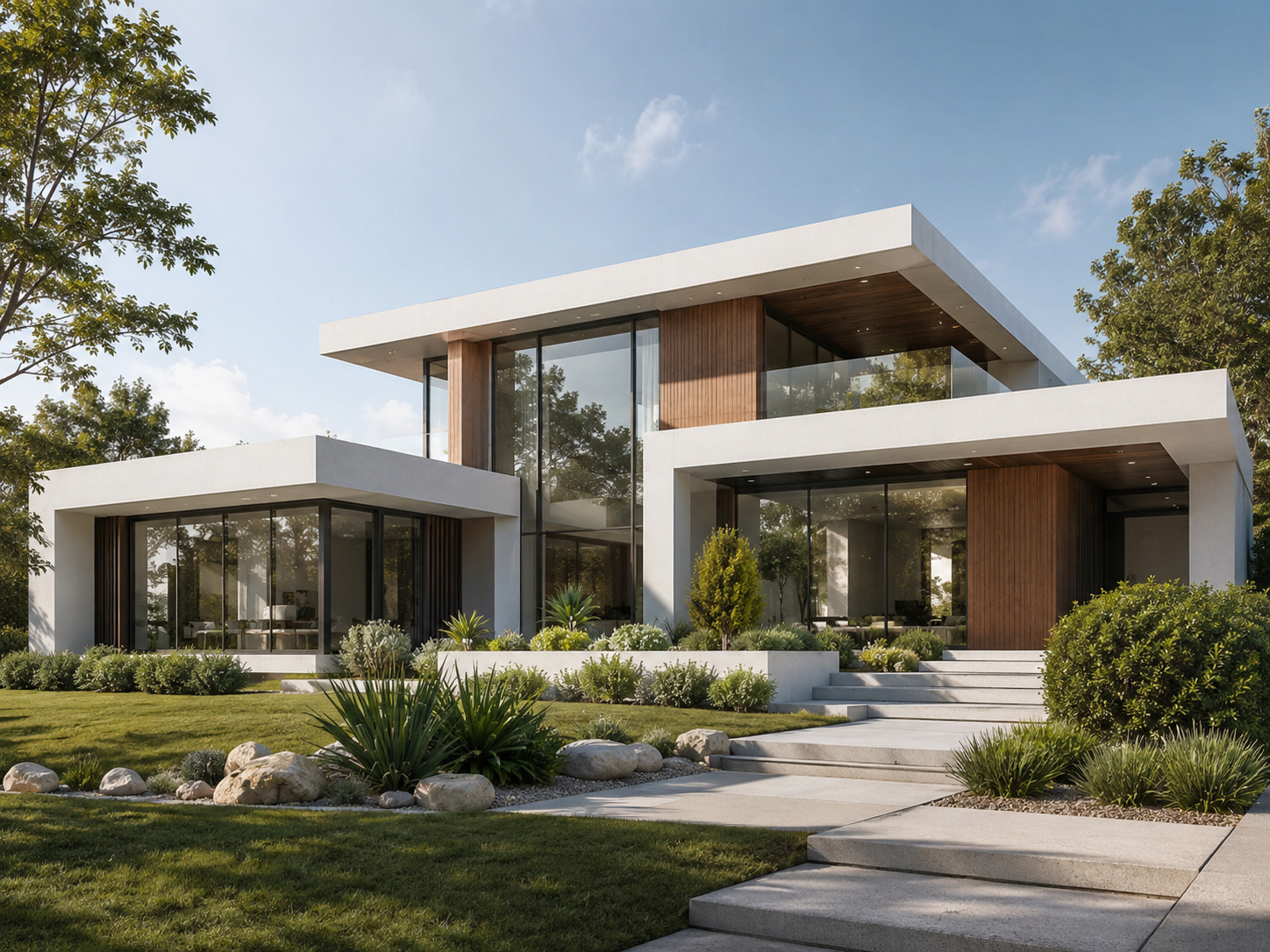 Modern fehér villa parkosított kerttel